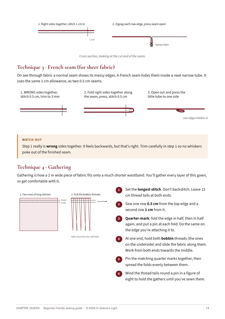 Guide page showing the French seam and gathering techniques with diagrams.